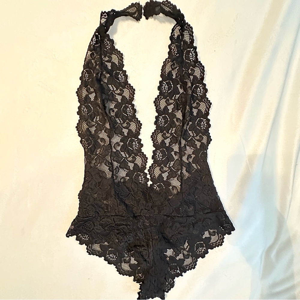 Adore Me Kaye Teddy Lace Plunge Neck NWT Black Sz S unlined one piece lingerie